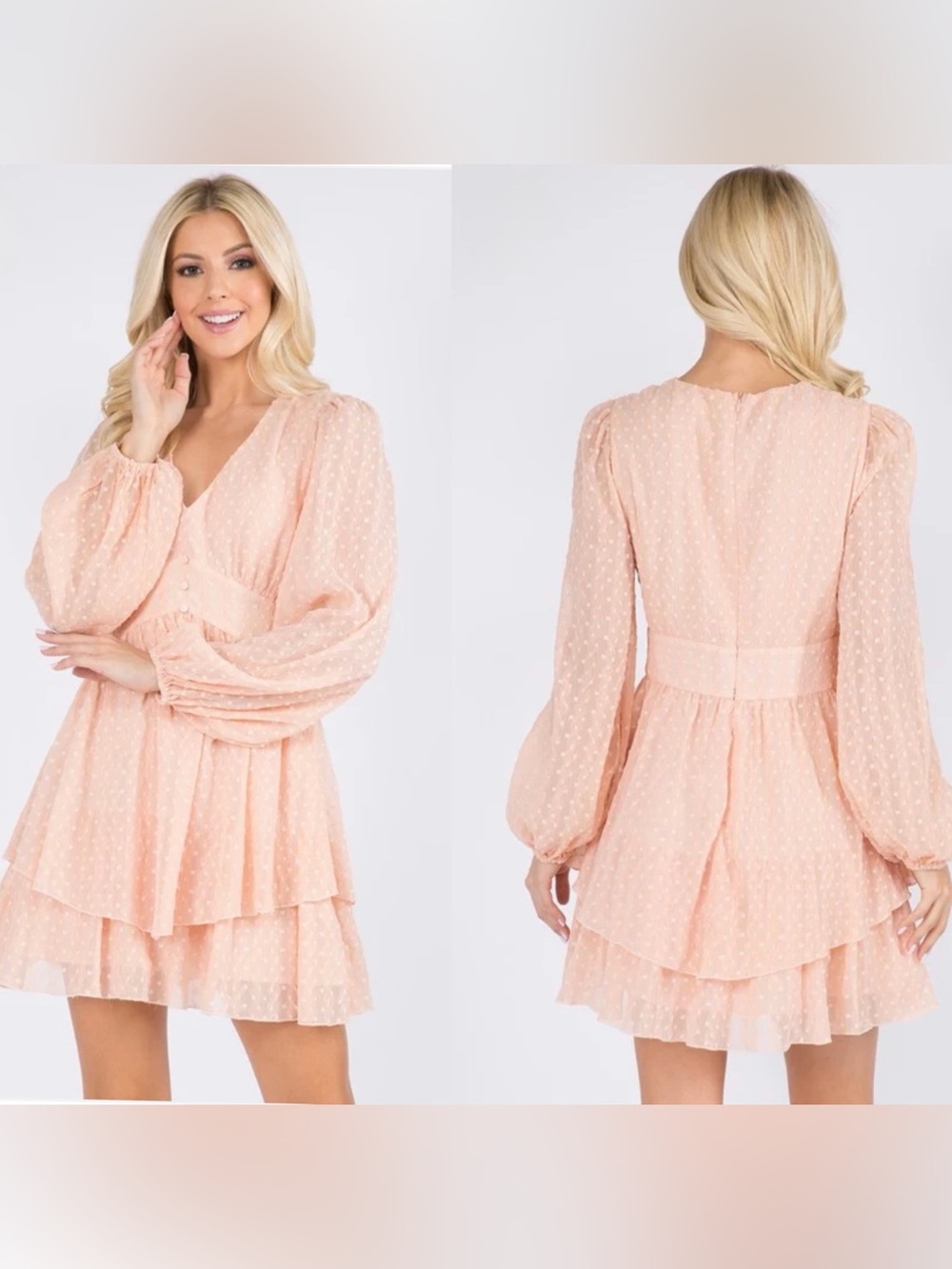 V-Neck Long Sleeve Tiered Mini Dress in Coral   size M - Picture 5 of 17